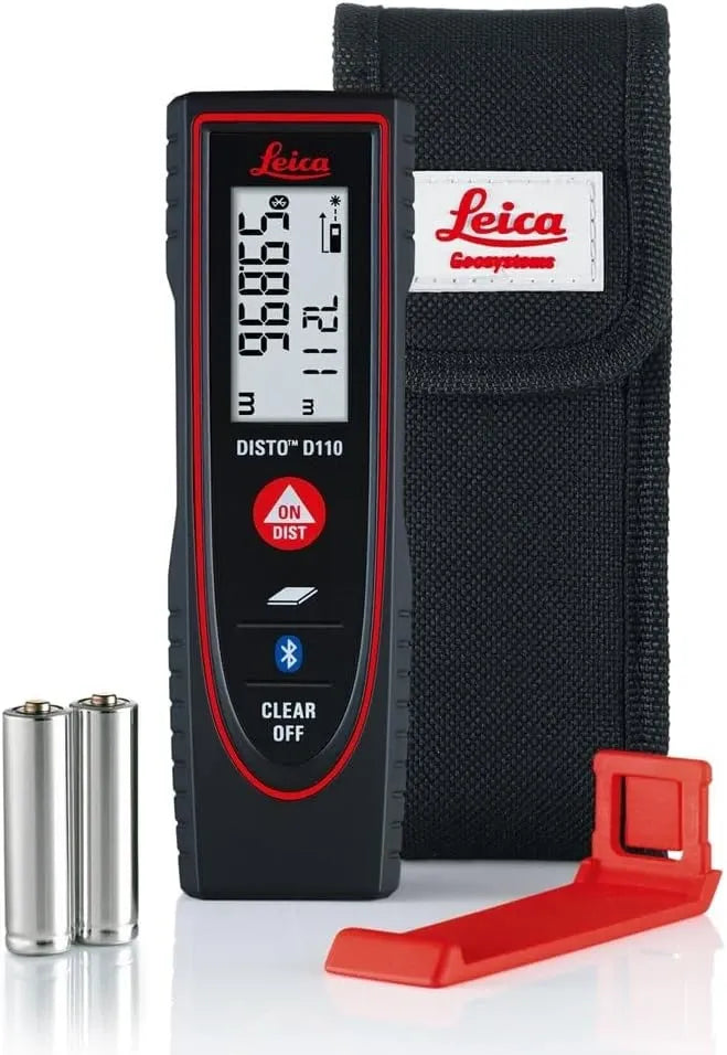 Leica DISTO D110 with pouch, batteries and bracket, retail product illustration